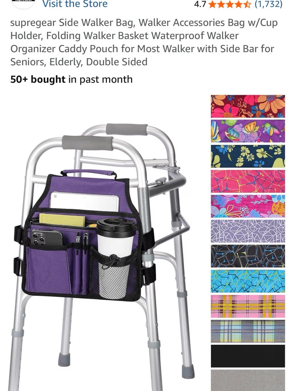 Walker Organizer Caddy Pouch with Cup Holder - Purple